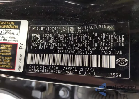 2015 Toyota Camry Se from USA, damaged, VIN 4T1BF1FK9FU025109